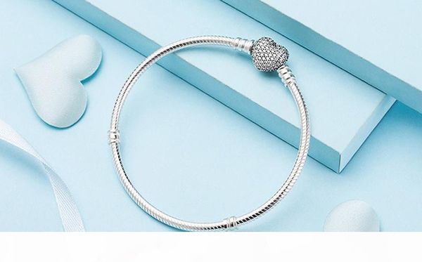 

l diamond ring 100 %original 925 solid silver snake chain bracelet secure heart clasp beads charms bracelet for women diy jewelry makin, White