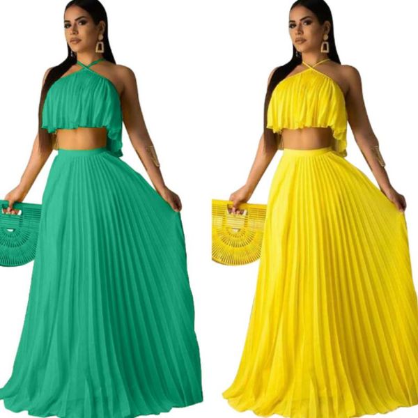 

yellow green pleats women two pieces skirt sets summer halter neck sleeveless short floor length casual dress 2020, White