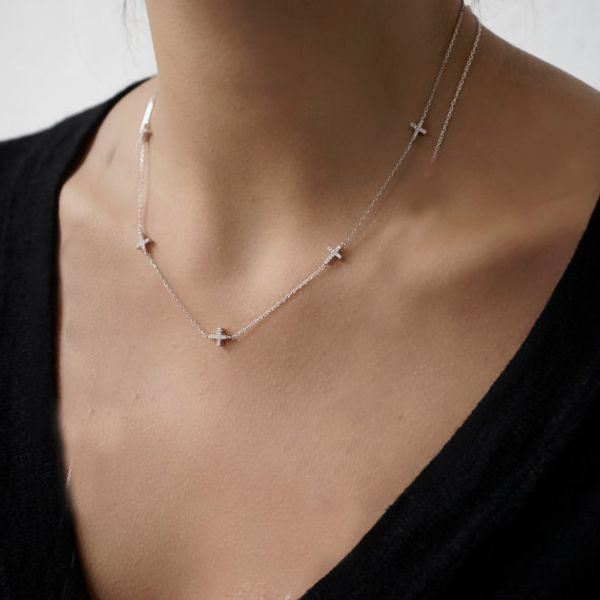 

drop shipping 100% 925 sterling silver silver gold color sideway cross pendant minimalist personlized cz necklace