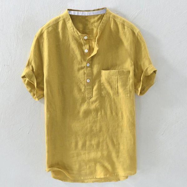 

men's casual shirts 2021 blouse men home pure color cotton linen shirt solid short sleeve retro #4, White;black