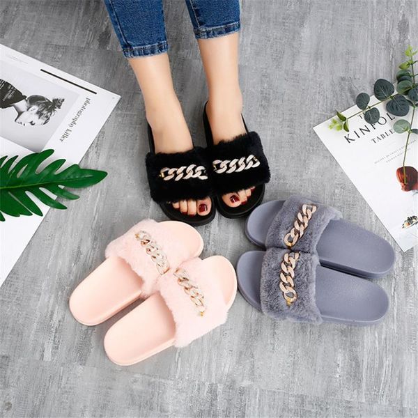 

women home slippers metal chain spring slippers fashion winter warm shoes indoor festival gift fuzzy pantunflas para mujer 2020, Black