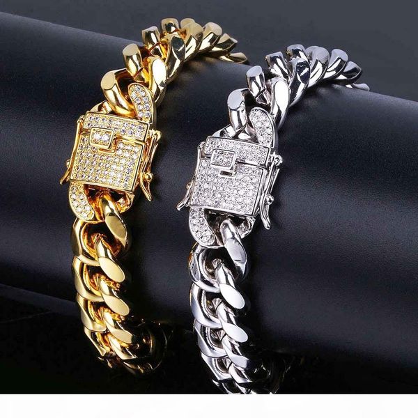 

316l stainless steel 18k real gold electroplated micro-studded diamond clasp miami cuba link bracelet for men high polished iced out chains, Golden;silver