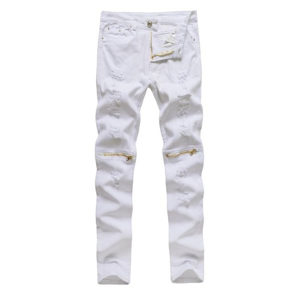 

white color denim jeans for men knee zipper decoration skinny pencil distressed ripped jeans for men, Blue