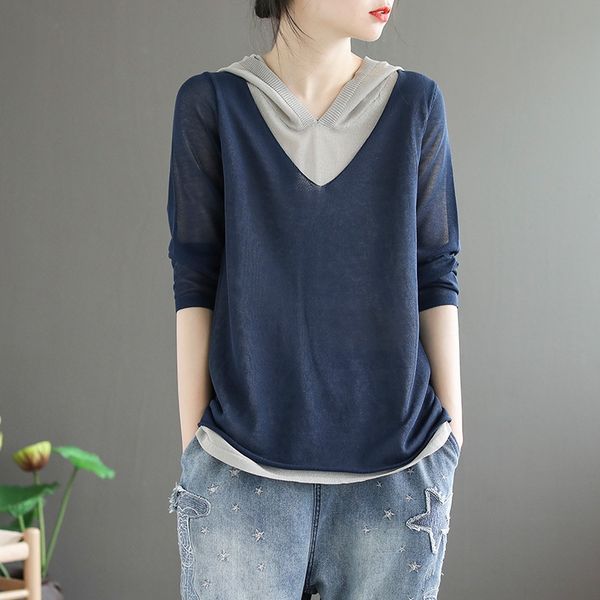 

lxk9i ancient coffee clothing artistic knitted linen fake two-piece t-shirt women's loose hooded versatile coat coffee jacket knitted c, White