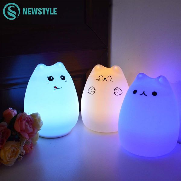 

silicone touch sensor led night light for children baby kids 7 colors 2 modes cat led usb led night lamp