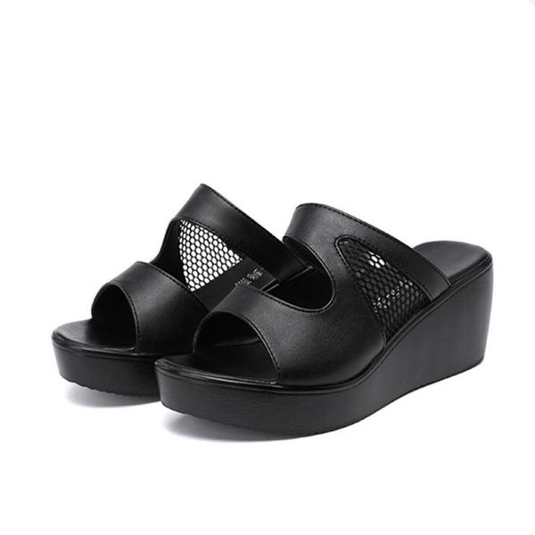 

women summer shoes 2020 white black fashion mesh split leather shoes wedge platform big size beach slippers ladies