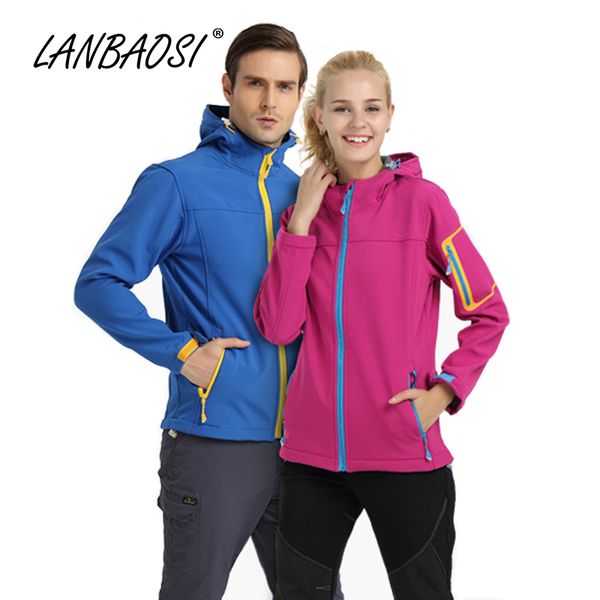 

lanbaosi outdoor sports men/women softshell windbreaker hooded jackets spring autumn hiking thermal fleece rain outwear coat, Blue;black