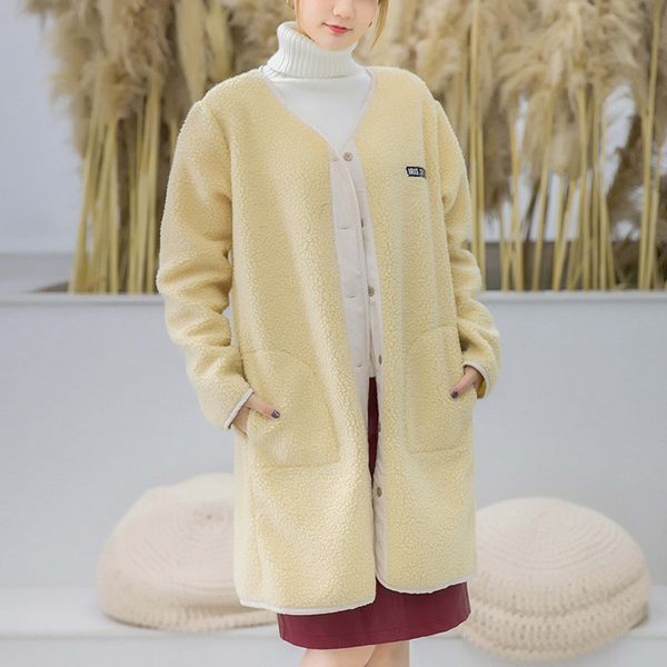 

women's wool & blends [ewq] winter 2021 ladies sweet beige long sleeve v-neck single-breasted pocket wide-waited plush coat qb446, Black