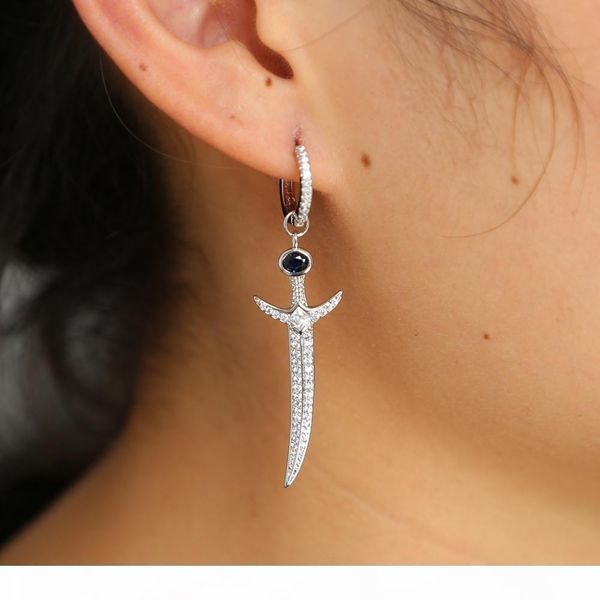 

r 2018 summer new arrived european women gift jewelry sword pendant circle with blue gem dangle cz bling latest design earring, Golden;silver