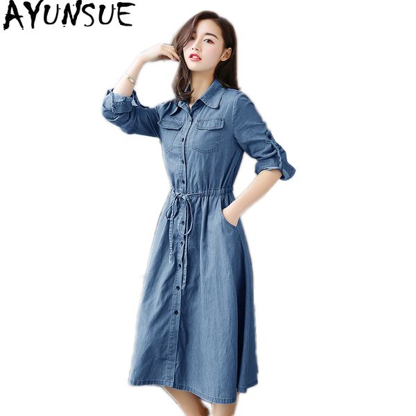 

ayunsue woman dress 2020 spring summer denim dress elegant slim jurken long sleeve shirt dresses for women vestiti donna kj094, Black;gray