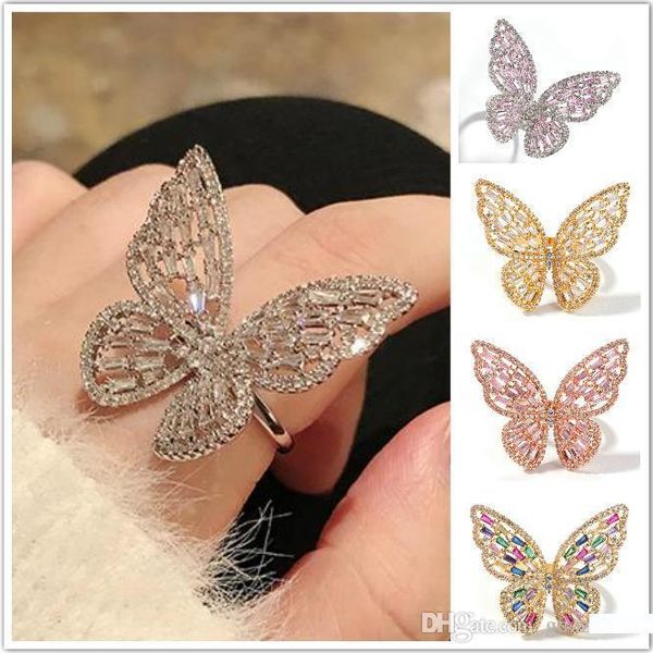 

new designer luxury rost gold colorful bling diamond cubic zirconia hollow butterfly open cuff finger rings adjustable index ring for girls, Golden;silver
