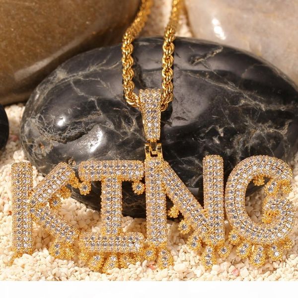 

a-z custom name drip bubble initial letters pendant necklace with rope chain and tennis chain silver gold color iced jewelry