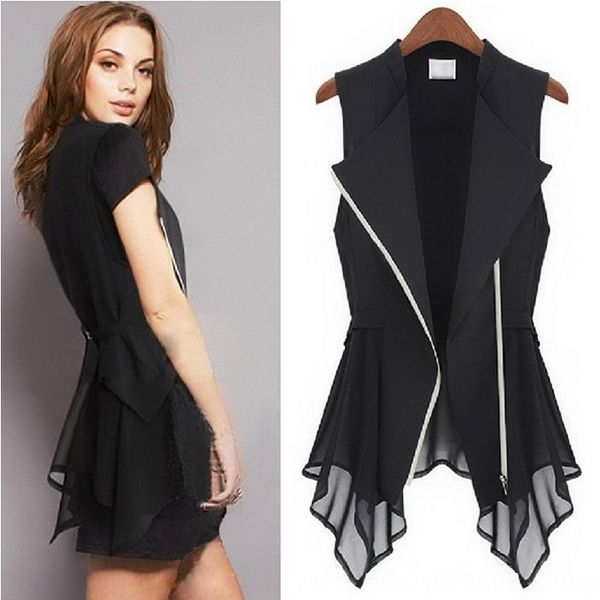 

women's chiffon autumn all-match coat sleeveless suit vest thin outer vest waistcoat women's large size, Black;white