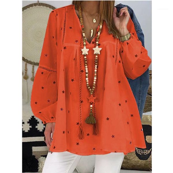 

women solid loose tshirts vintage star printed ladies v neck hollow out women tshirts lantern sleeve, White