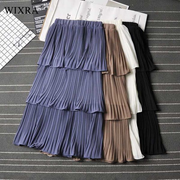 

wixra 2020 new spring summer ruffles pleated skirts high waist solid sweet elegant mid-calf skirt streetwear for ladies, Black