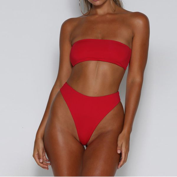 

women summer beach one shoulder solid black red gray beige bikini set padded bra swimwear piece beachwear mid waist swimsuit, White;black