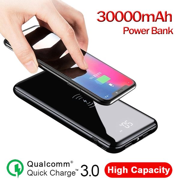 

power bank 30000mah ultra-thin portable qi wireless charger large capacity external battery digital display mobile