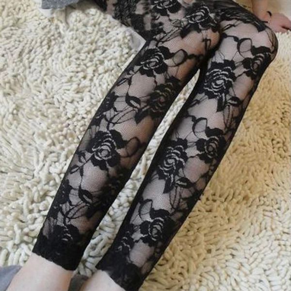 

романтический цветок розы полиэстер готические кружева выдалбливают see through леггинсы брюки женщины новая перевозка груза падения хорошее, Black