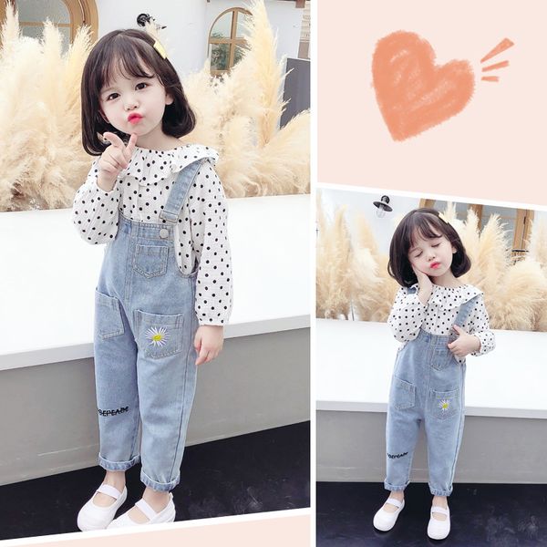 

kids designer clothes girls2020 spring and autumn polka dot lapel doll shirt denim flower bib two-piece korean style suit one-piece hair, White