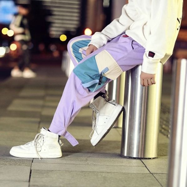 

men's pants ribbon purple men pocket cargo drawstrings track ankle length hip hop harem joggers man loose trousers harajuku pant, Black