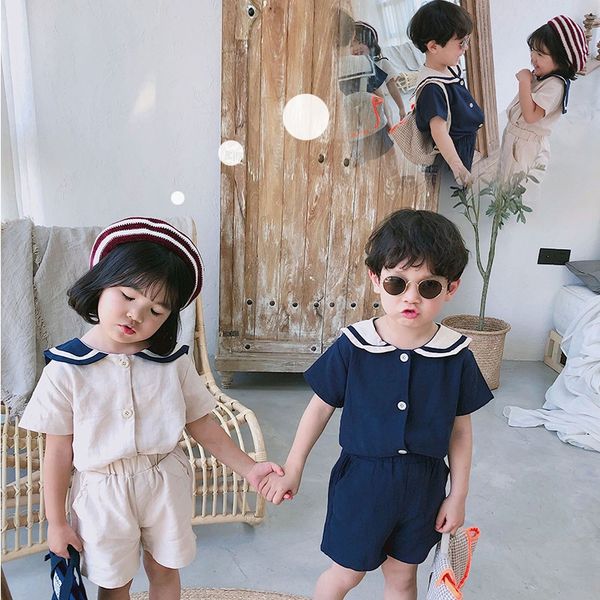 

kdatk milu 2020 new men's women's navy style suit children's cotton linen children's cotton and linen short-sleeved shor