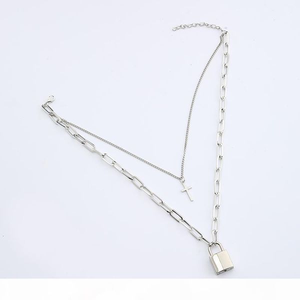 

r multilayer punk cross chain necklace square lock necklace women men metal padlock chains hip hop cool jewelry gifts, Silver