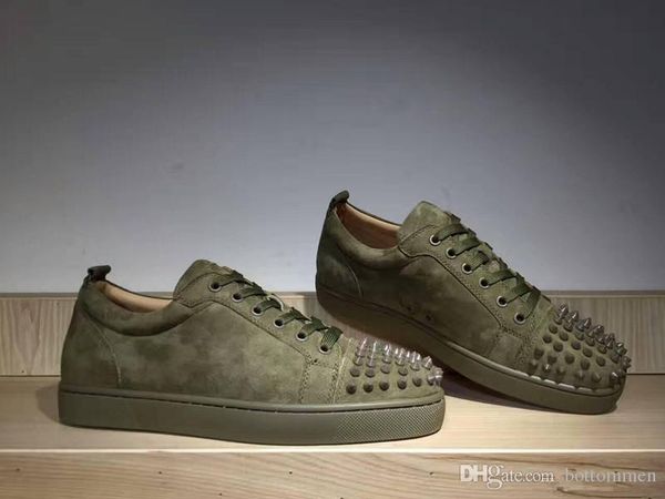 

army green genuine leather low cut sneaker red bottom spike luxury shoes for men and women shoes party wedding crystal leather sneakers, Black