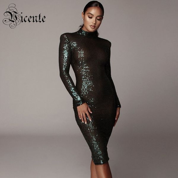 

vc 2020 sparkle glitzy sequins dress mesh patchwork turtleneck long sleeves celebrity christmas party vestidos, Black;gray