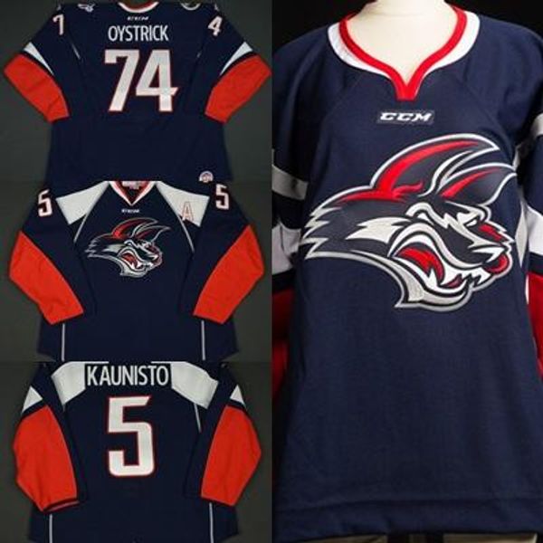 

mens womens kids customize echl elmira jackals 74 nathan oystrick 5 steven kaunisto 100% embroidery hockey jerseys goalit cut, Black;red