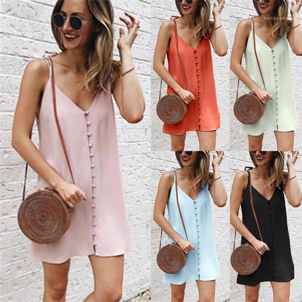 

v-neck casual dress summer woman spaghetti strap slim dresses women button fashion clothes womens sleeveless, Black;gray