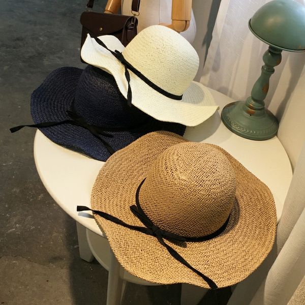 

korean hand-woven straw folding sun beach summer women's straw sunscreen hat big edge brim sunscreen hat korean fashion, Blue;gray