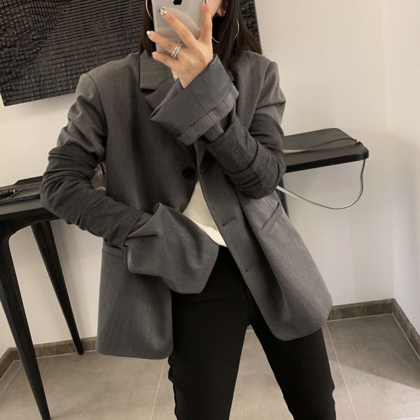 

t3767 new personalized internet celebrity coat trendy sleeve suit two-piece suit medium gray lapel coat for women, White;black