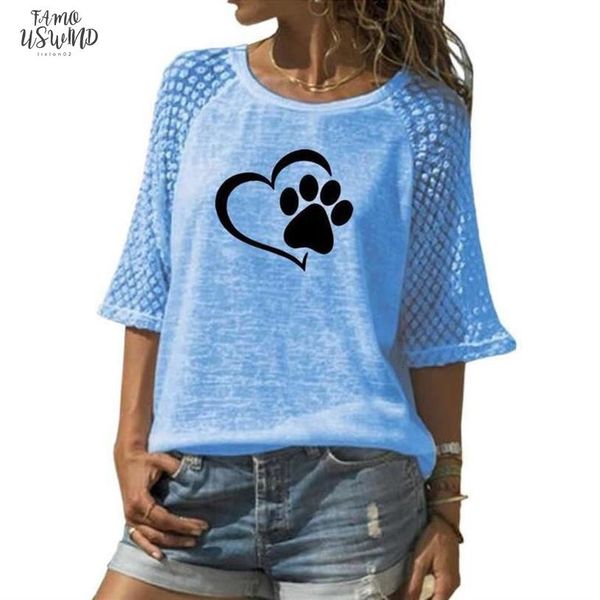 

new fashion t shirt for women paw animal print lace crew neck t shirt t shirt women plus size summer, White