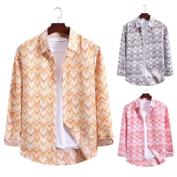 

2020 new men's long-sleeved shirt men's fashion wavy striped shirt contrast color cool al055, White;black