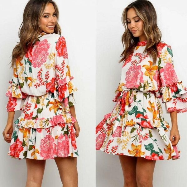 

2020 women casual dresses boho beachwear flower print wrap three quarter sleeve dresses ruffles dress, Black;gray