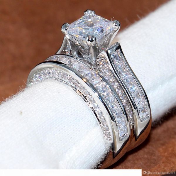 

s victoira wieck vintage jewelry 14kt white gold filled princess cut square z cz diamond women wedding engagement bridal ring set g, Slivery;golden