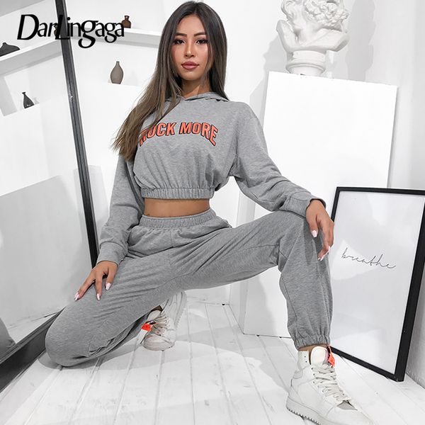 

darlingaga casual loose tracksuit for women two piece set crop hoodie and pants letter print matching sets outfits workout, White