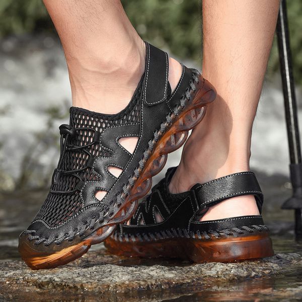 

men's sandals 2020 new breathable leather mesh patchwork male sandals soft sole outdoor beach shoes non-slip water walking shoes, Black
