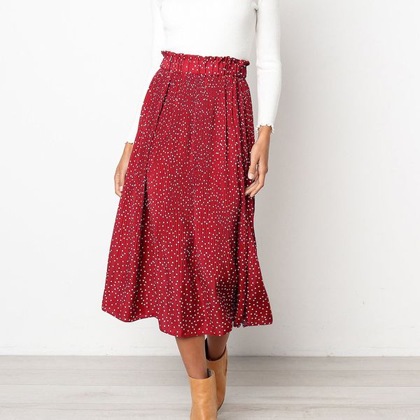 

white dots floral print pleated midi skirt women elastic high waist side pockets skirts summer 2019 elegant female bottom, Black;gray