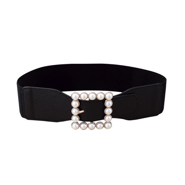 

ladies simple cummerbund elastic pearl waistband square buckle belt skirt ornament for decoration (black, Black;brown