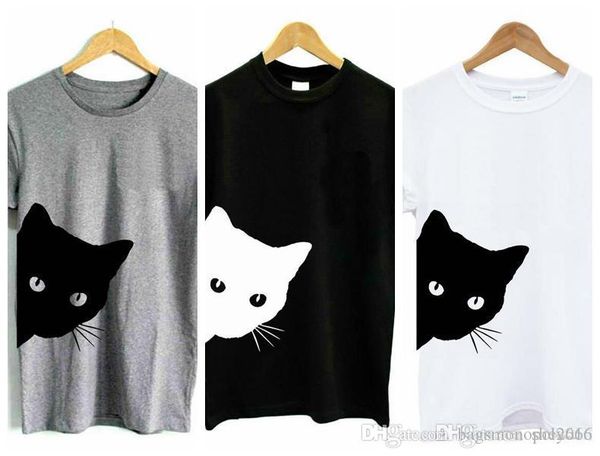 

женщины футболка crew nrck бленда хлопка с коротким рукавом высокого качества прекрасный цвет серый черный белый кот печати топы тис повседн, White
