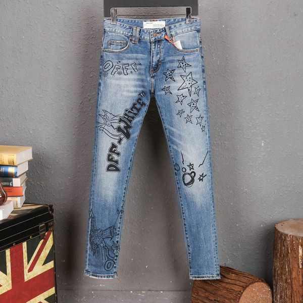 

мужские дизайнерские джинсы мода slim fit омывается motocycle denim брюки hip hop панелями брюки новый стиль известная марка джинсы джинсовы, Blue