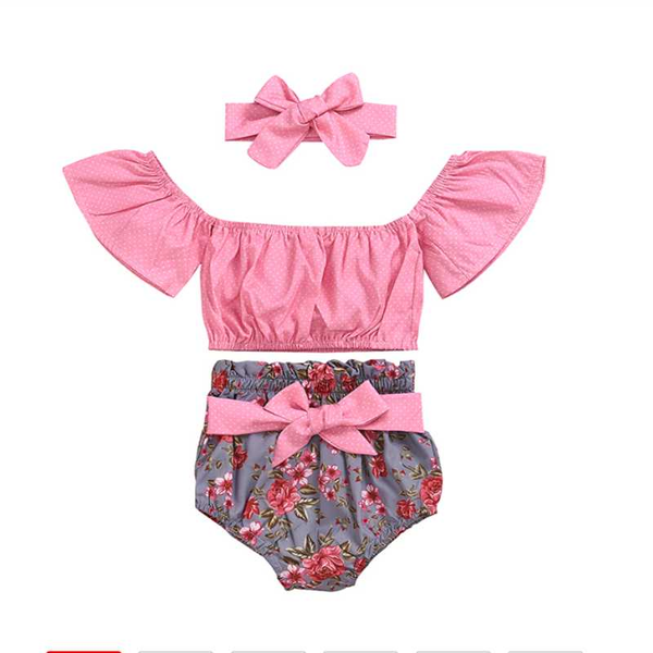 

clothing sets 0-24m children's fashion cute wear set pink polka dot short sleeve vest + printed shorts hair band 3, White