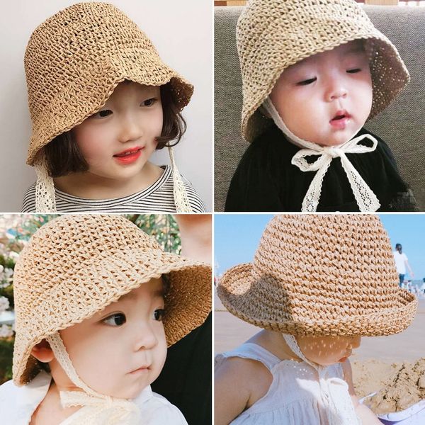 

babies' fisherman lace children's straw korean sun children's big bucket bucket straw fisherman hat eaves parent-child hat, Blue;gray