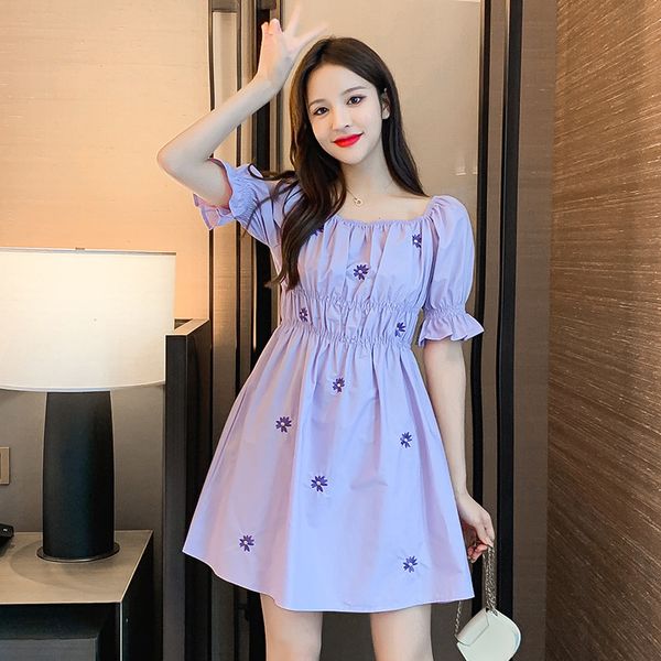 

sweet purple female daisy embroidery summer dress women vintage square collar puff sleeve mini dress vestidos femme robe, Black;gray