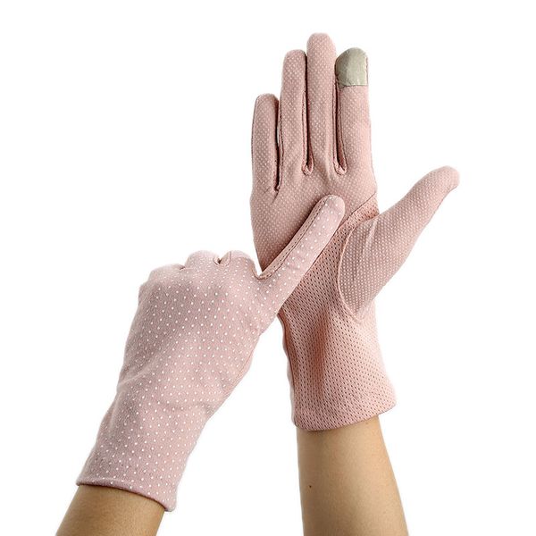 

1 pairs touch screen women gloves driving gloves lace uv sunscreen polka dot cotton thin non-slip mittens, Blue;gray