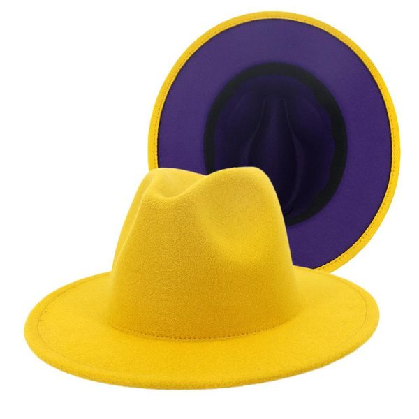 

outer yellow inner purple patchwork artificial wool felt jazz fedora hats women men flat brim panama jazz cap cowboy hat /xl, Blue;gray