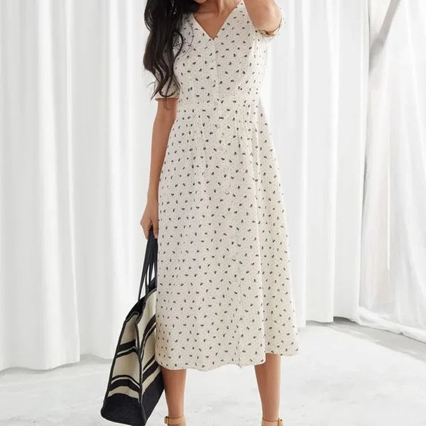 

floral dot print women v-neck midi dress slim high waist single-breasted female split long dresses 2020 spring summer, Black;gray