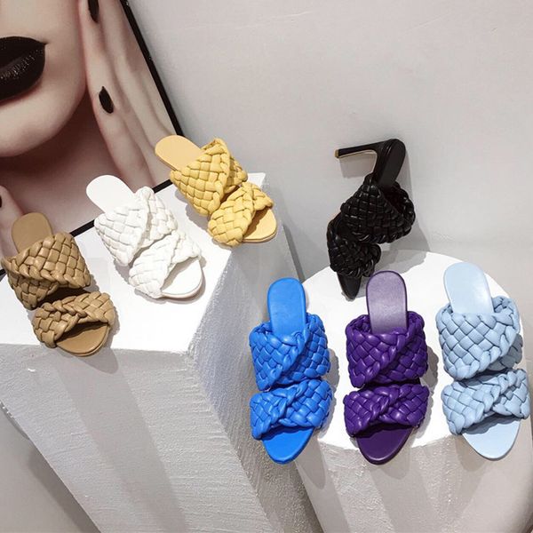 

2020 leather braided high heel sandals women runway party shoes woman cross weave mules shoes thin heel slippers woman, Black