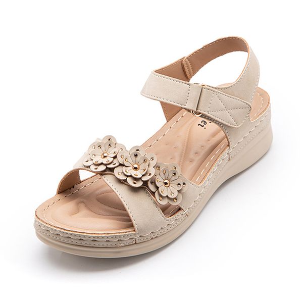 

women summer sandals sweet floral wedged sandals large size comfortable pu leather sale-wt, Black